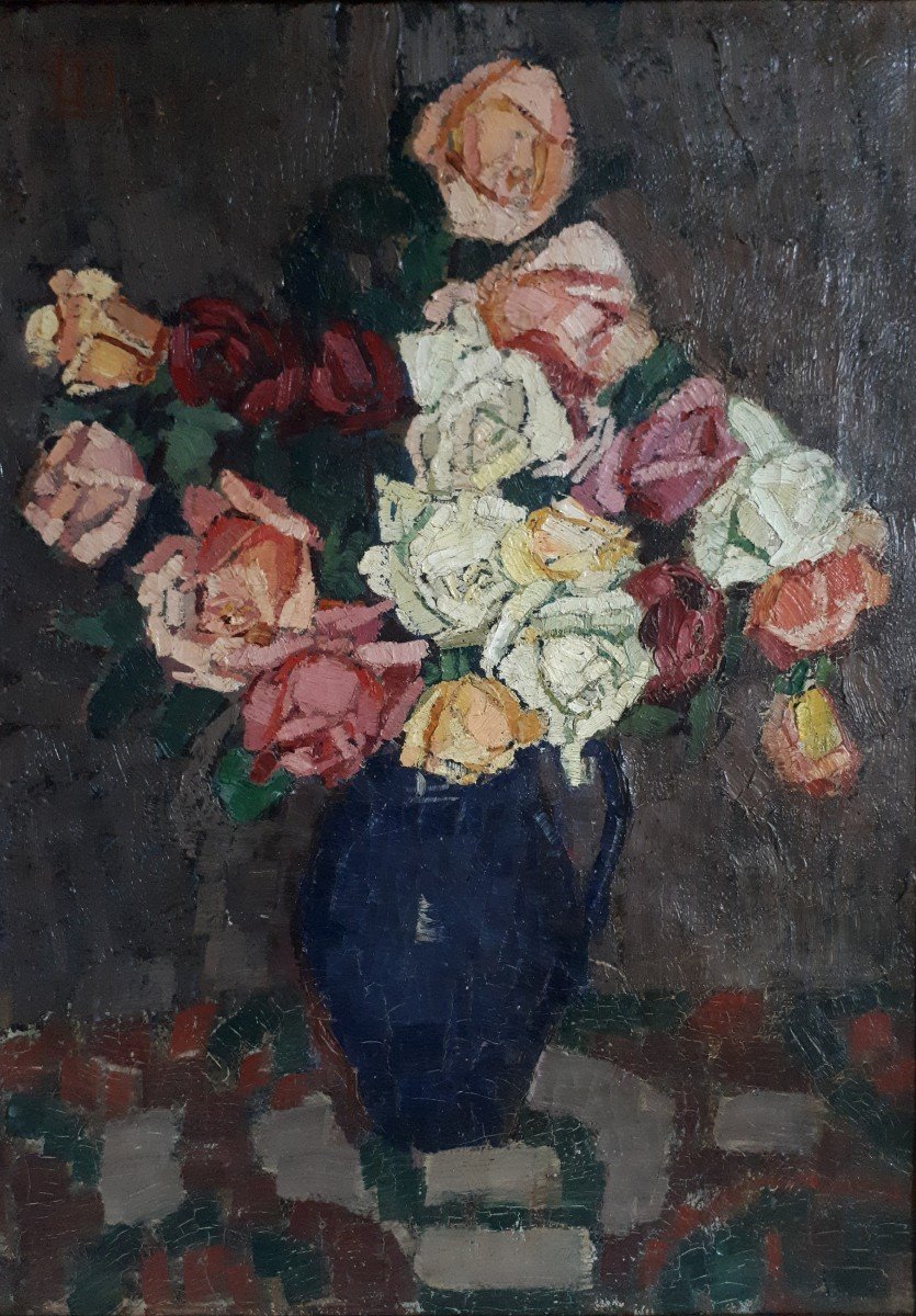 1900s French Post-Impressionist Geometric Rose Study by Bordeaux Artist
