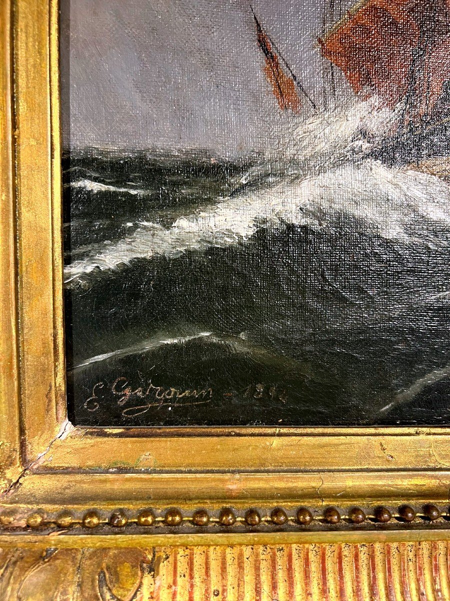 Antique 1894 French Marine Oil Fishing Vessel Braving Storm Waves
