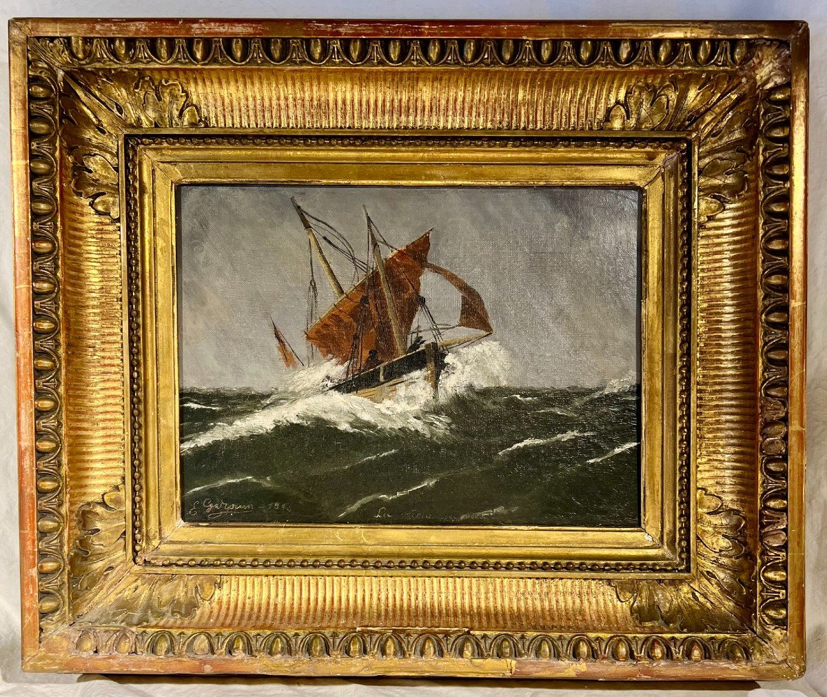 Antique 1894 French Marine Oil Fishing Vessel Braving Storm Waves