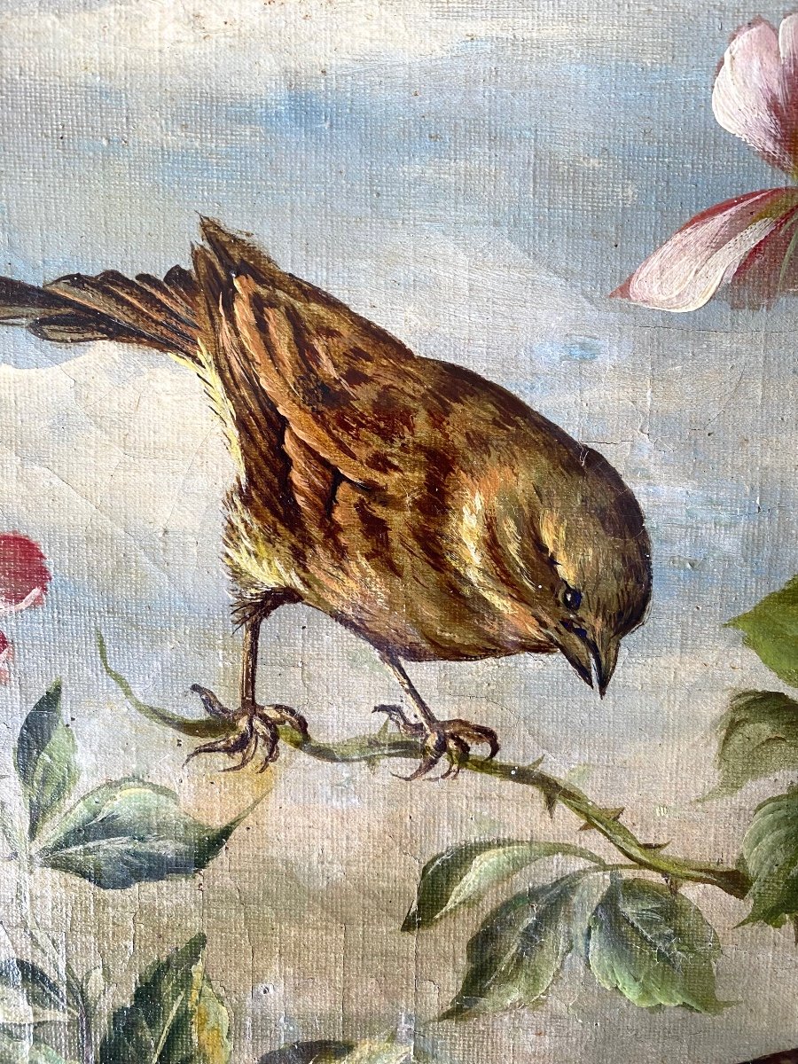Antique 19th-Century Signed Oil Painting Lively Birds in Blooming Shrub
