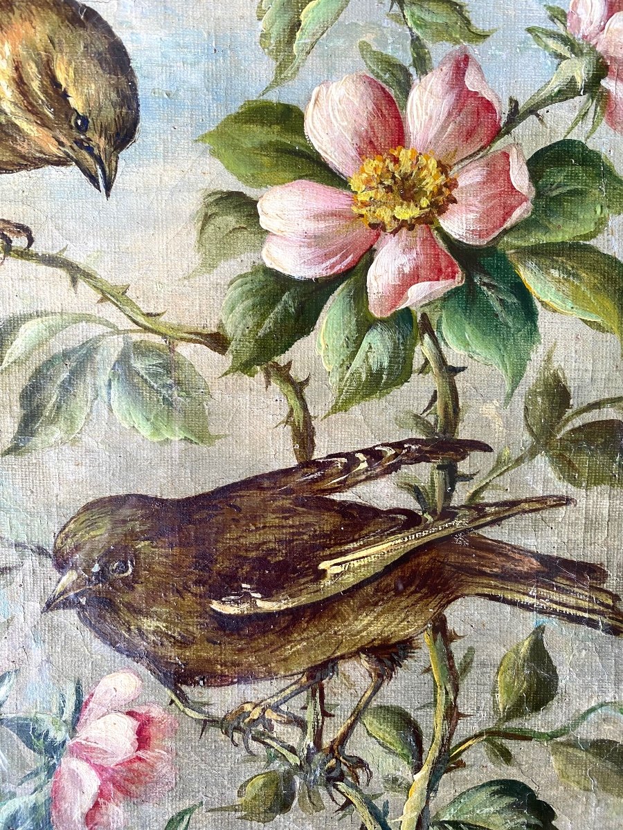 Antique 19th-Century Signed Oil Painting Lively Birds in Blooming Shrub