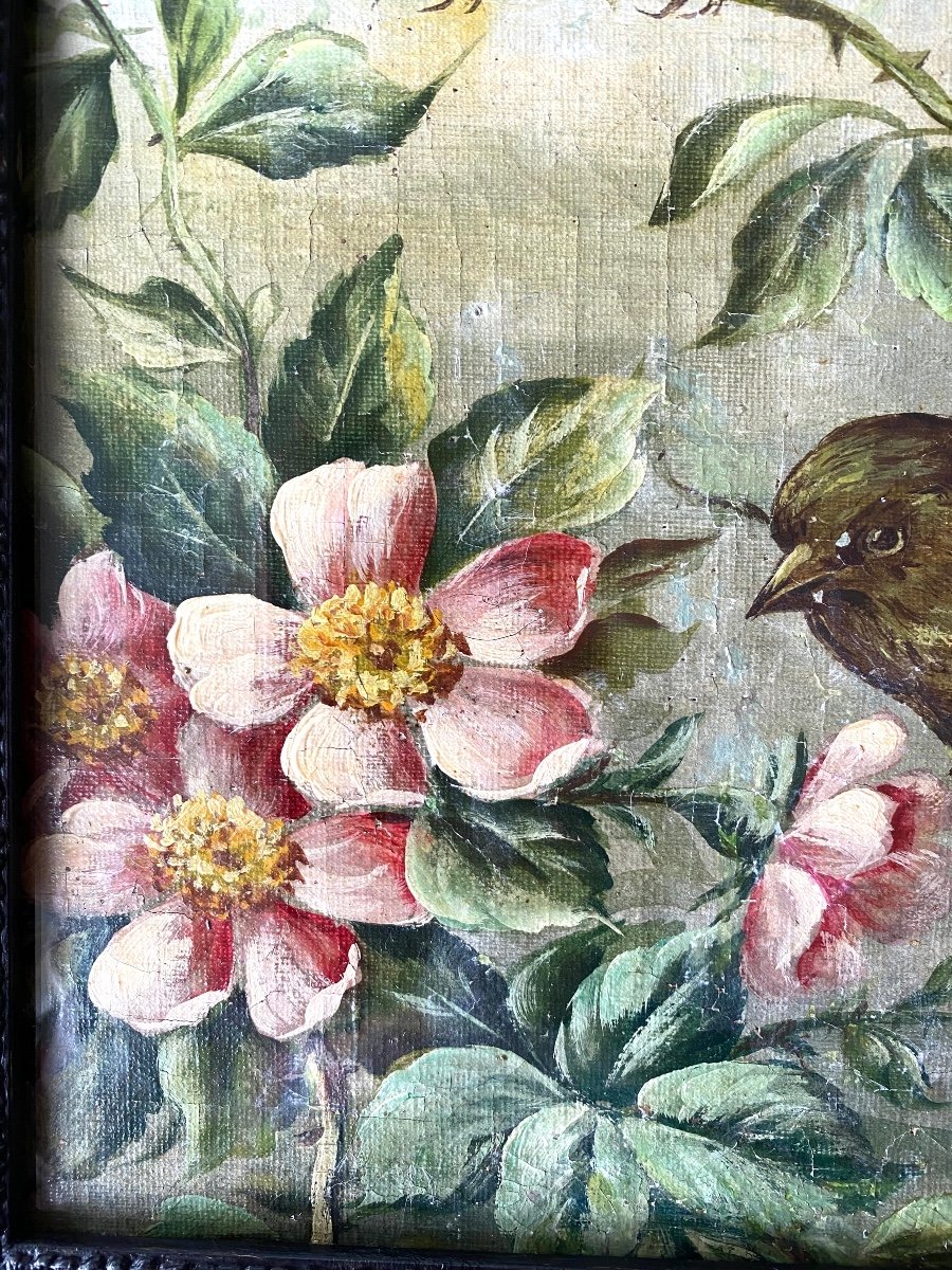 Antique 19th-Century Signed Oil Painting Lively Birds in Blooming Shrub