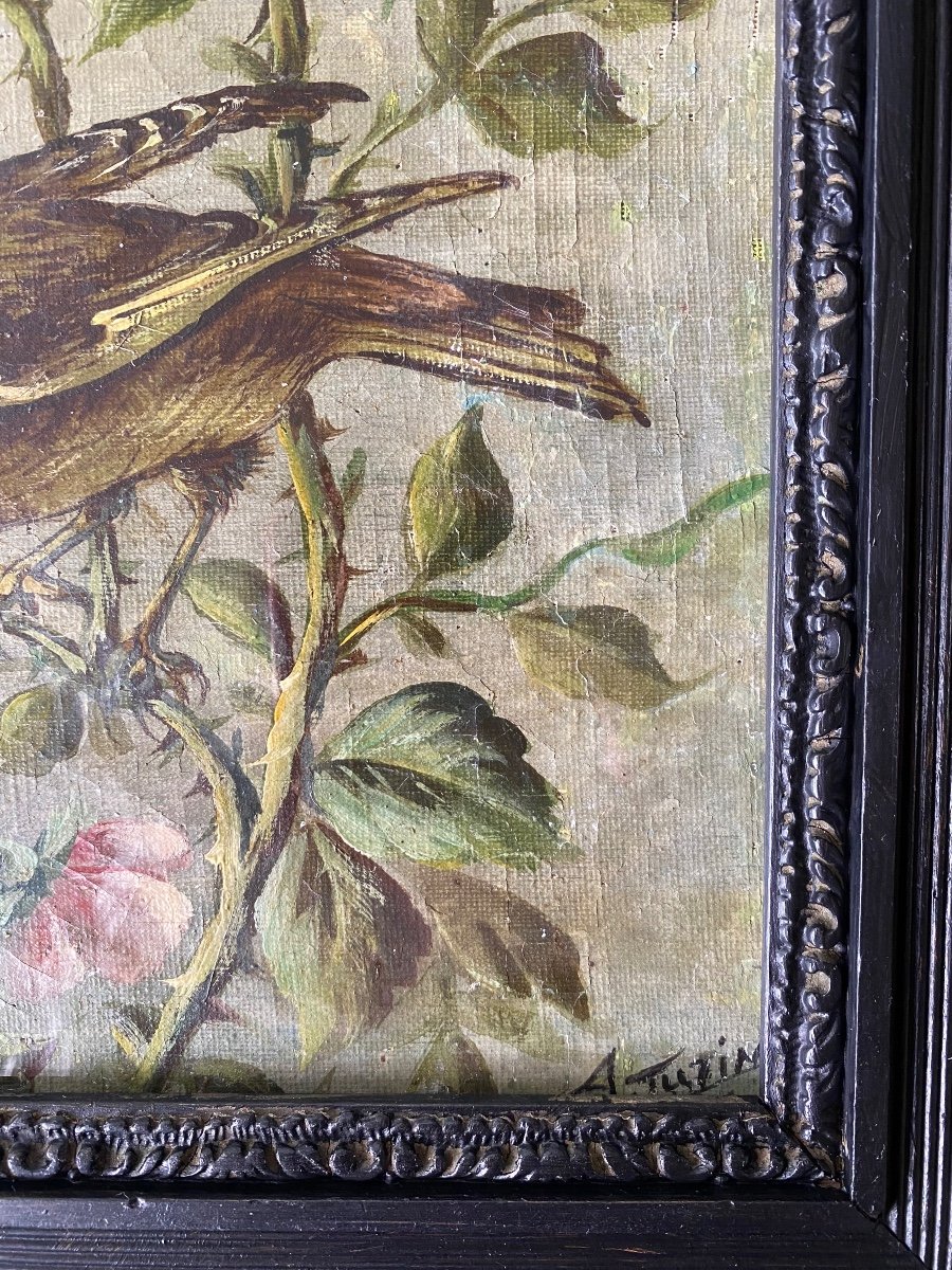 Antique 19th-Century Signed Oil Painting Lively Birds in Blooming Shrub