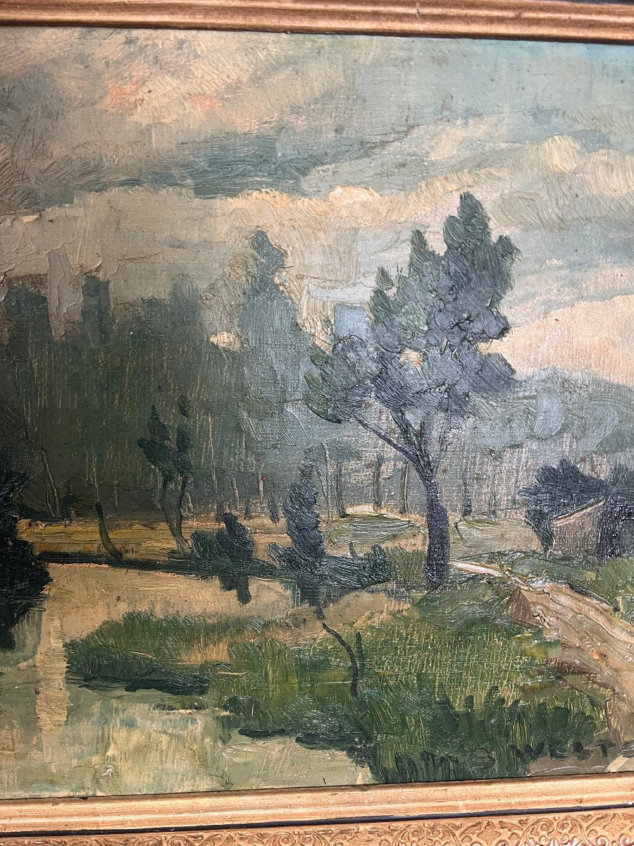 Early 20th Century French Countryside Stream Landscape