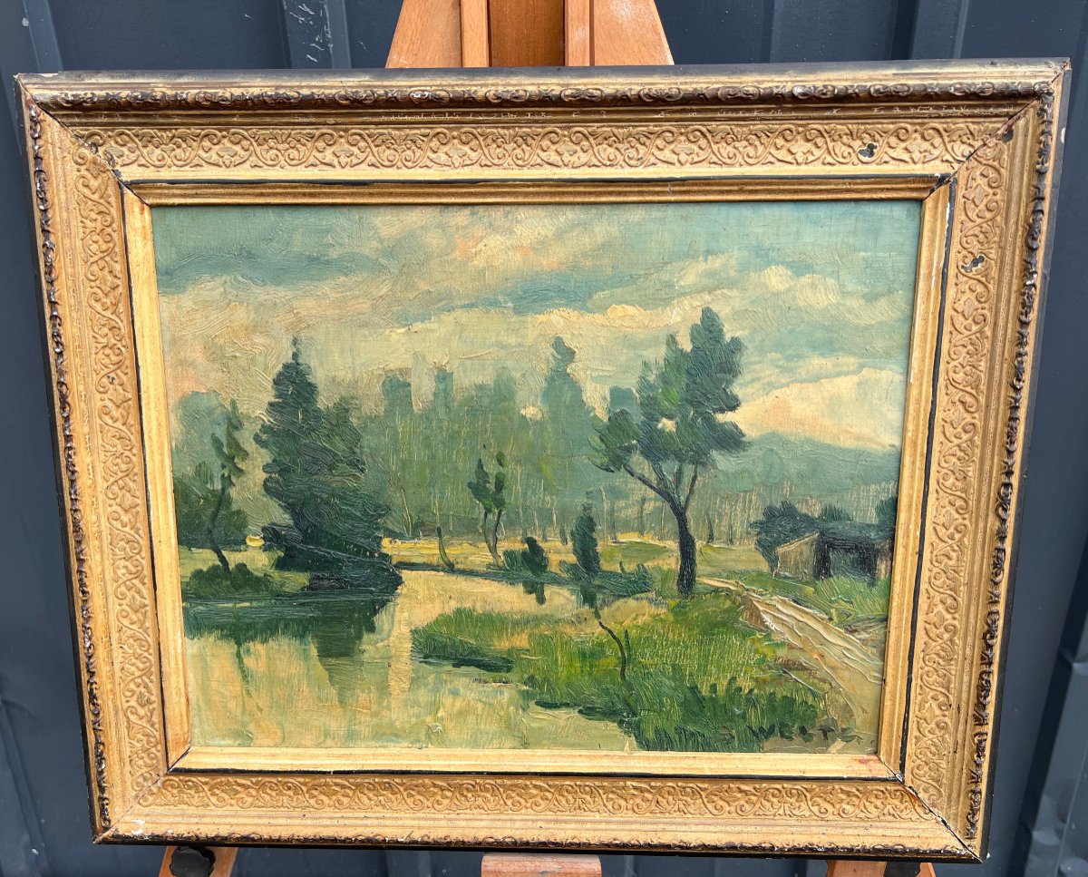 Early 20th Century French Countryside Stream Landscape