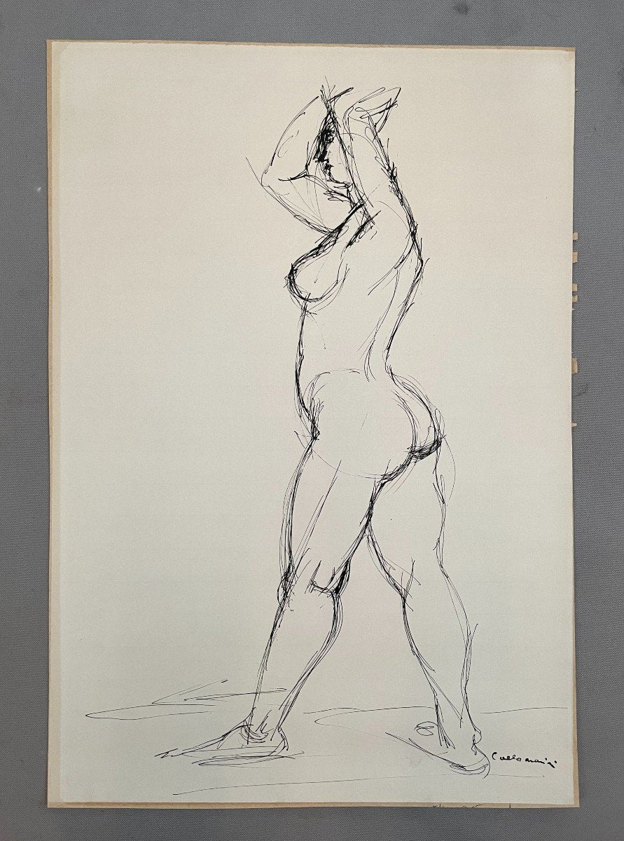 Vintage French Ink Drawing of a Female Figure