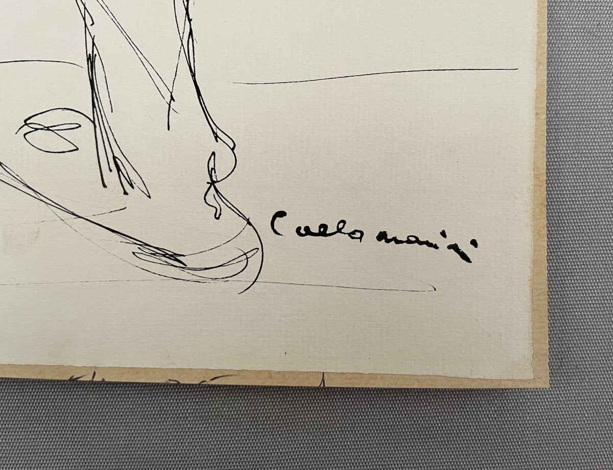 Vintage French Ink Drawing of a Female Figure
