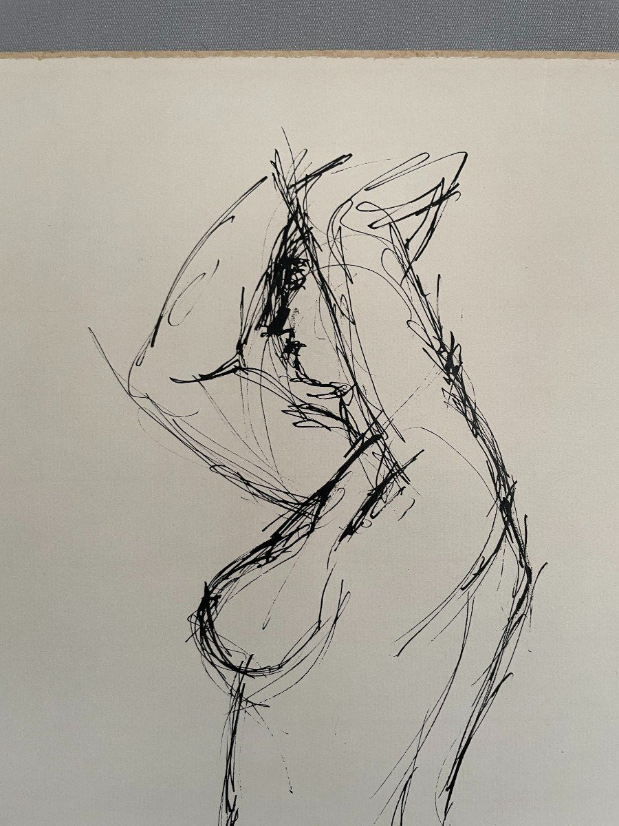 Vintage French Ink Drawing of a Female Figure