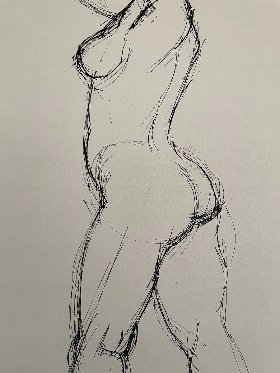Vintage French Ink Drawing of a Female Figure