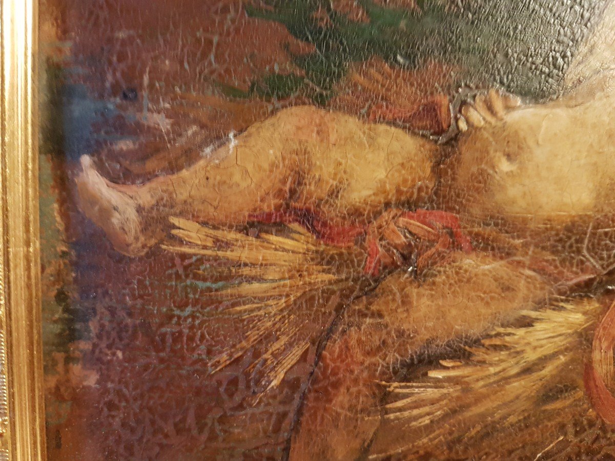 Antique 19th Century French Oil Painting Sleeping Angel in Rare Square Format