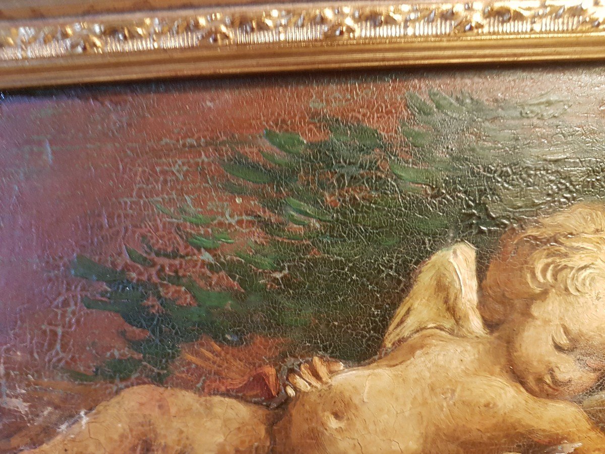 Antique 19th Century French Oil Painting Sleeping Angel in Rare Square Format