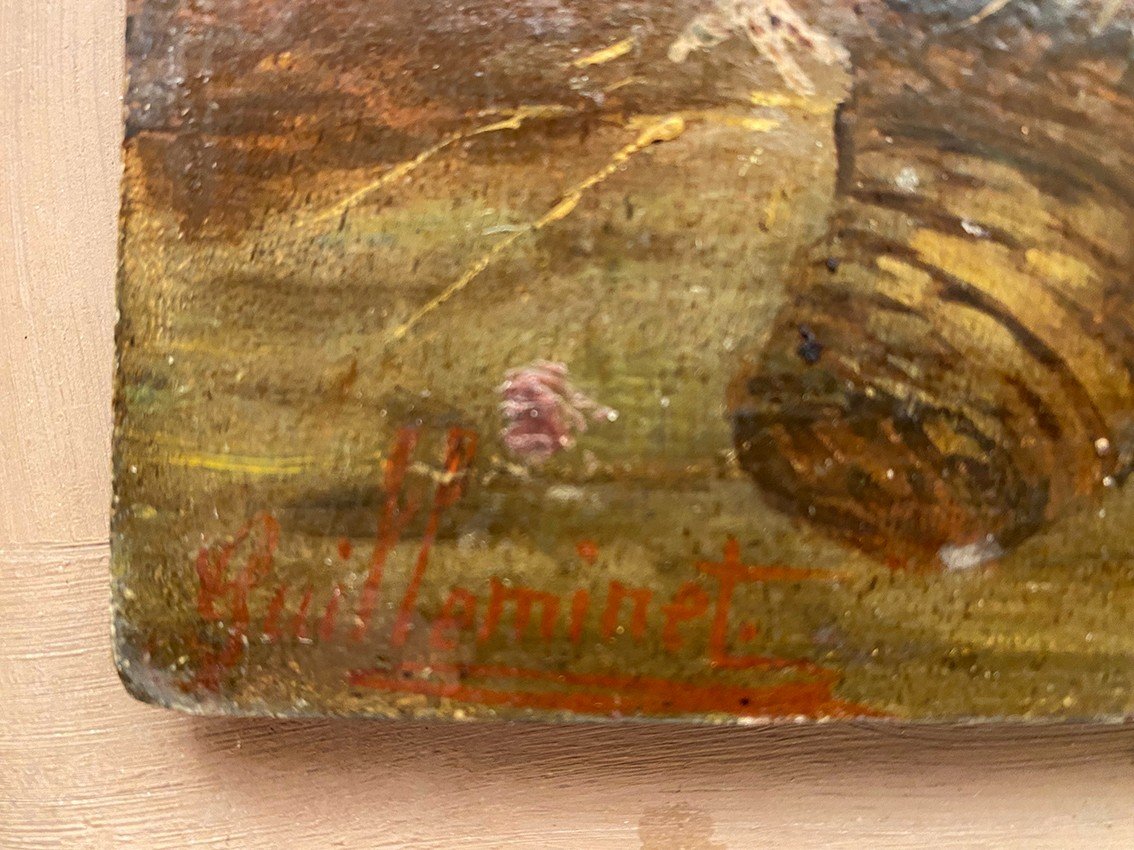 Antique 19th Century French Oil Painting Farmyard Scene Roosters and Hens