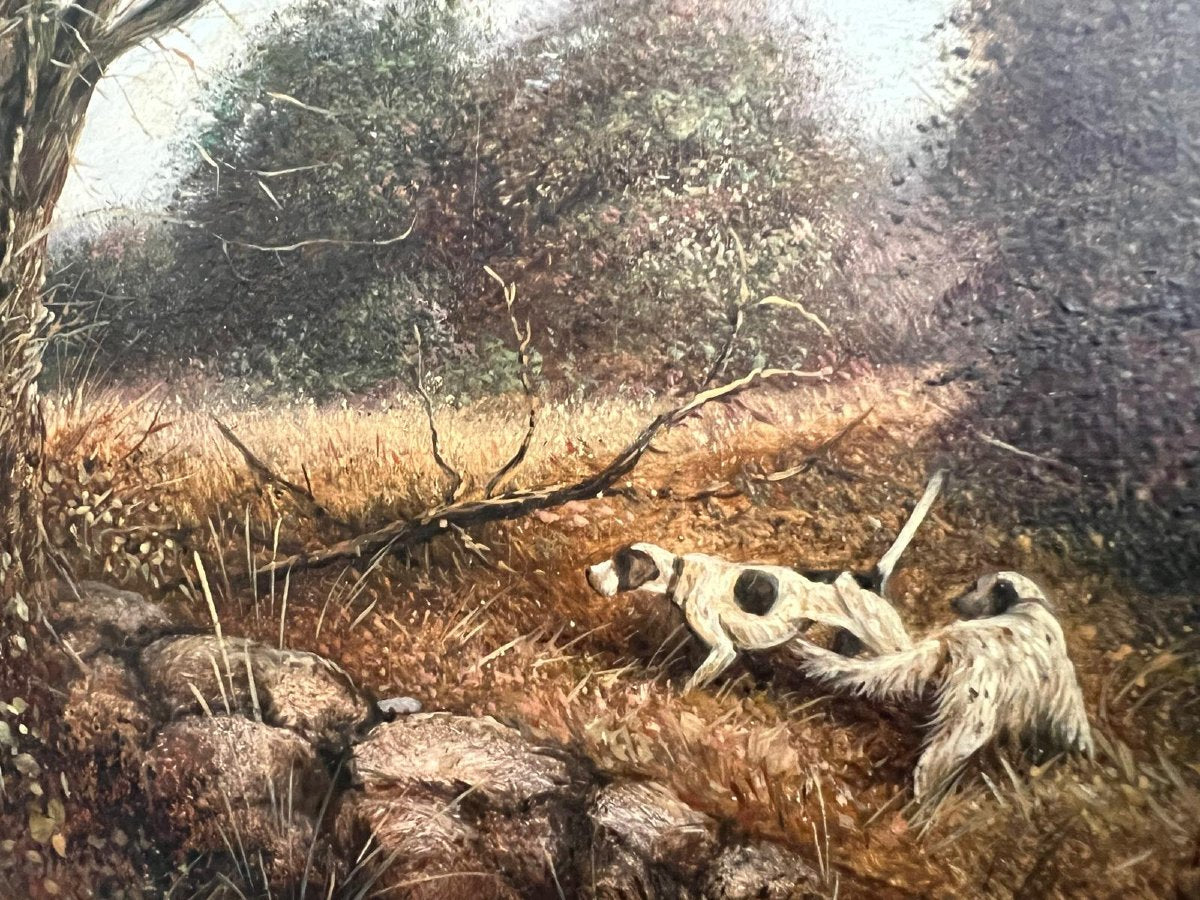 Vintage French Hunting Dogs Original Painting Oil on Wood with Gilt Frame