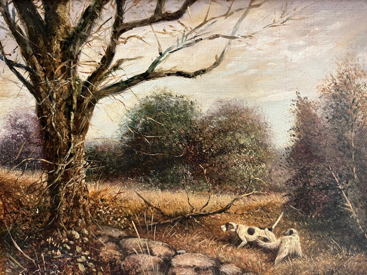 Vintage French Hunting Dogs Original Painting Oil on Wood with Gilt Frame