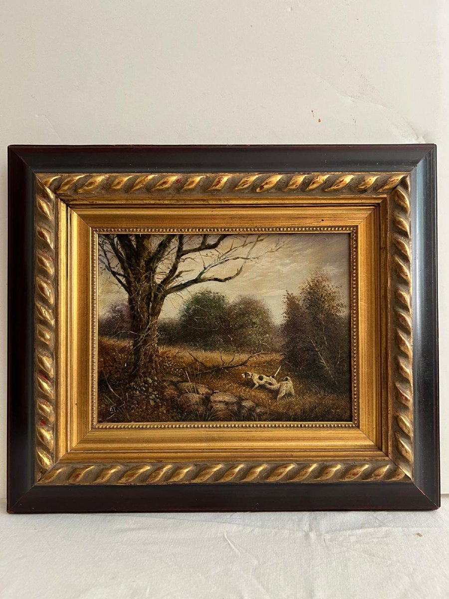 Vintage French Hunting Dogs Original Painting Oil on Wood with Gilt Frame