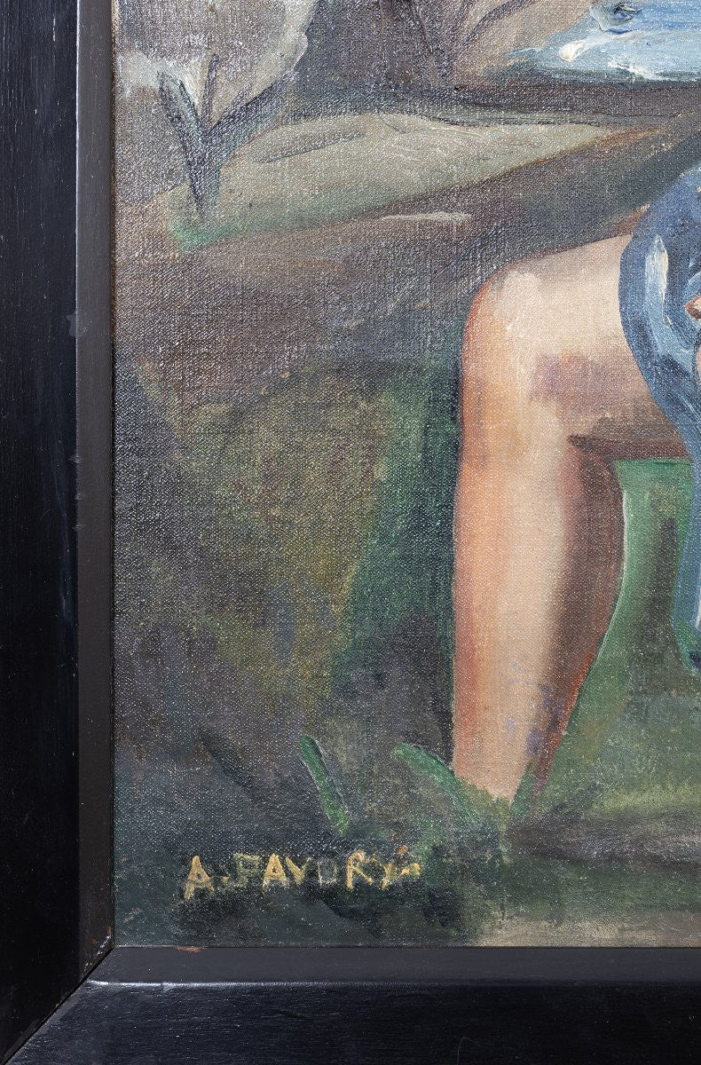 French Art Deco Large Signed Oil Painting of a Nude Woman by the River (24.4" x 33.7")