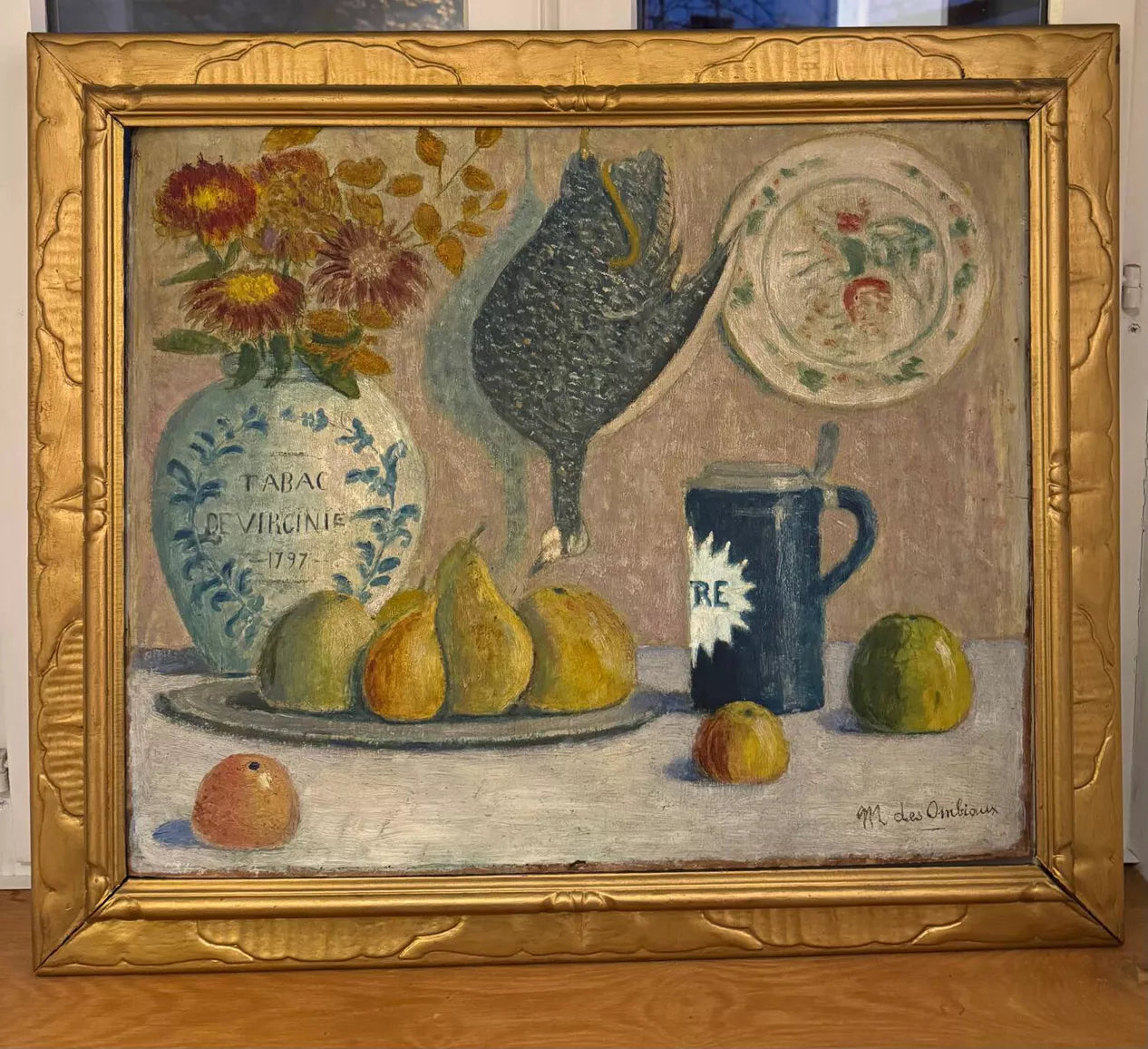 Antique Large Still Life Oil Painting with Fruit, Flowers and Pheasant (29.5" H × 34.7" W)
