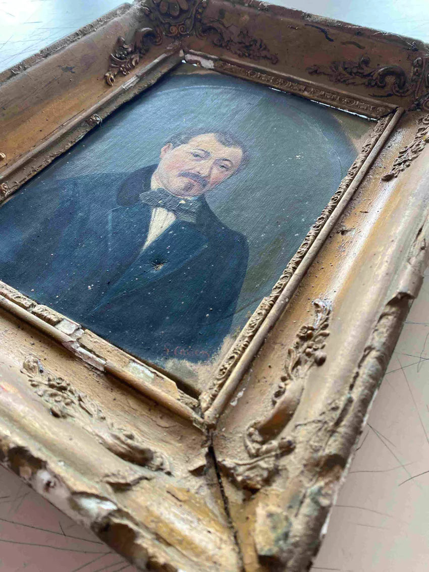 19th Century French Oil Portrait Man with Bow Tie
