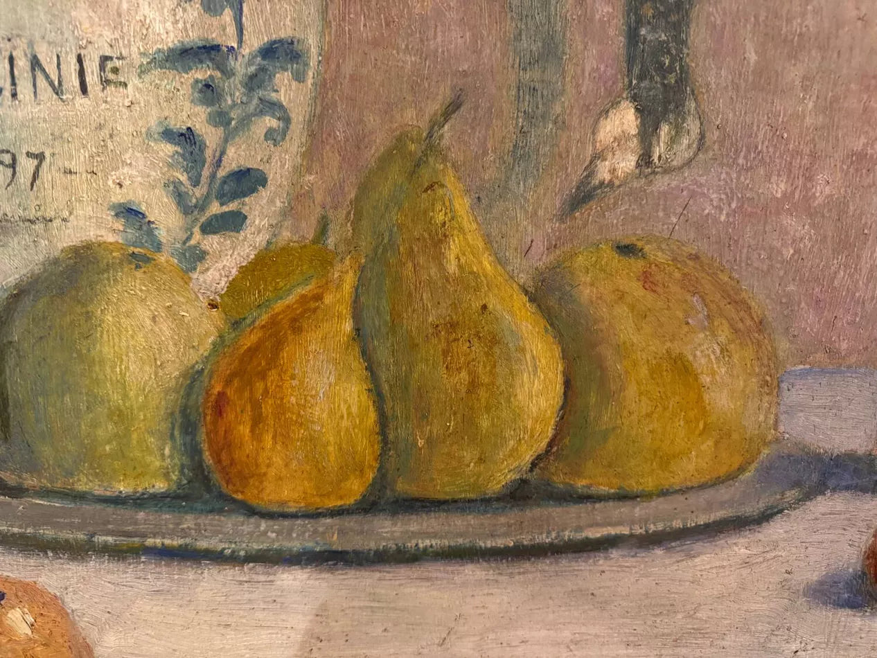 Antique Large Still Life Oil Painting with Fruit, Flowers and Pheasant (29.5" H × 34.7" W)