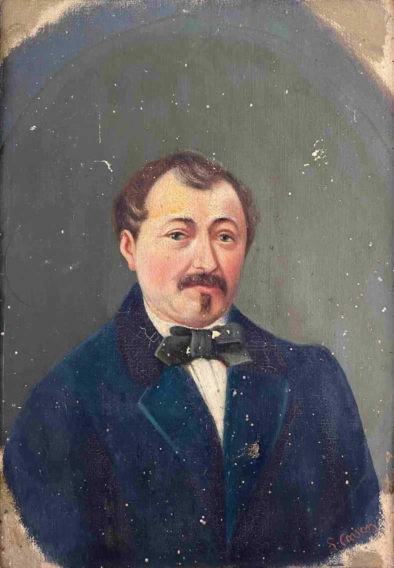 19th Century French Oil Portrait Man with Bow Tie