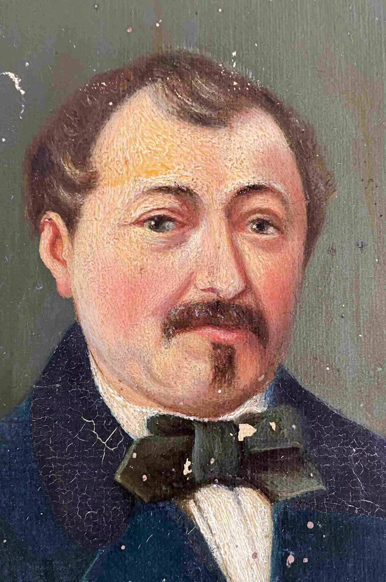 19th Century French Oil Portrait Man with Bow Tie
