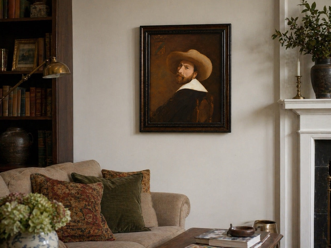 Antique 19th-Century Gentleman Oil Portrait in Hat Old Master Style