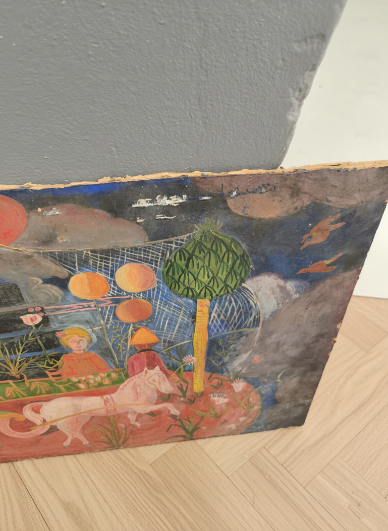 Large French School Whimsical Naive Folk Art Oil Painting Surreal Garden Storybook Scene