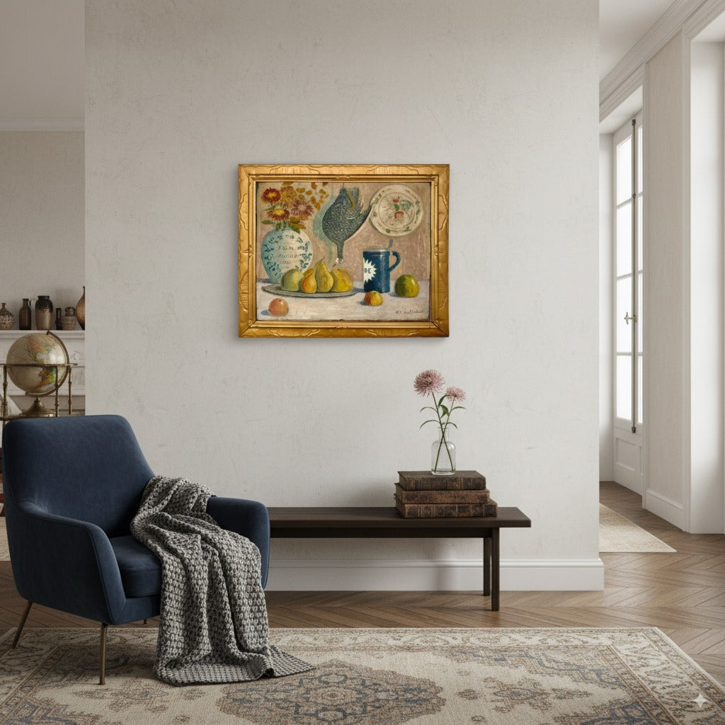 Antique Large Still Life Oil Painting with Fruit, Flowers and Pheasant (29.5" H × 34.7" W)