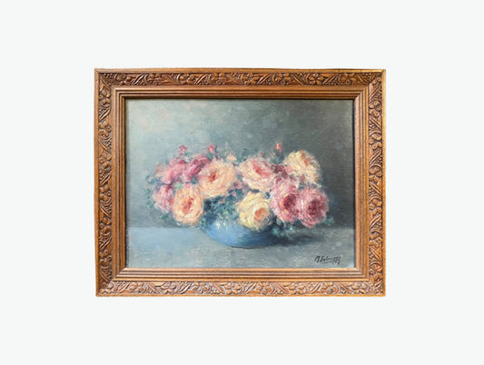 Early 20th Century French Oil Luminous Roses in Blue Vase