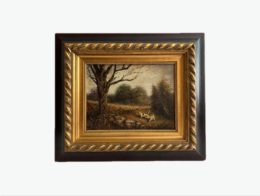 Vintage French Hunting Dogs Original Painting Oil on Wood with Gilt Frame