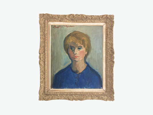 Mid-Century Modern French Oil Portrait in Blue