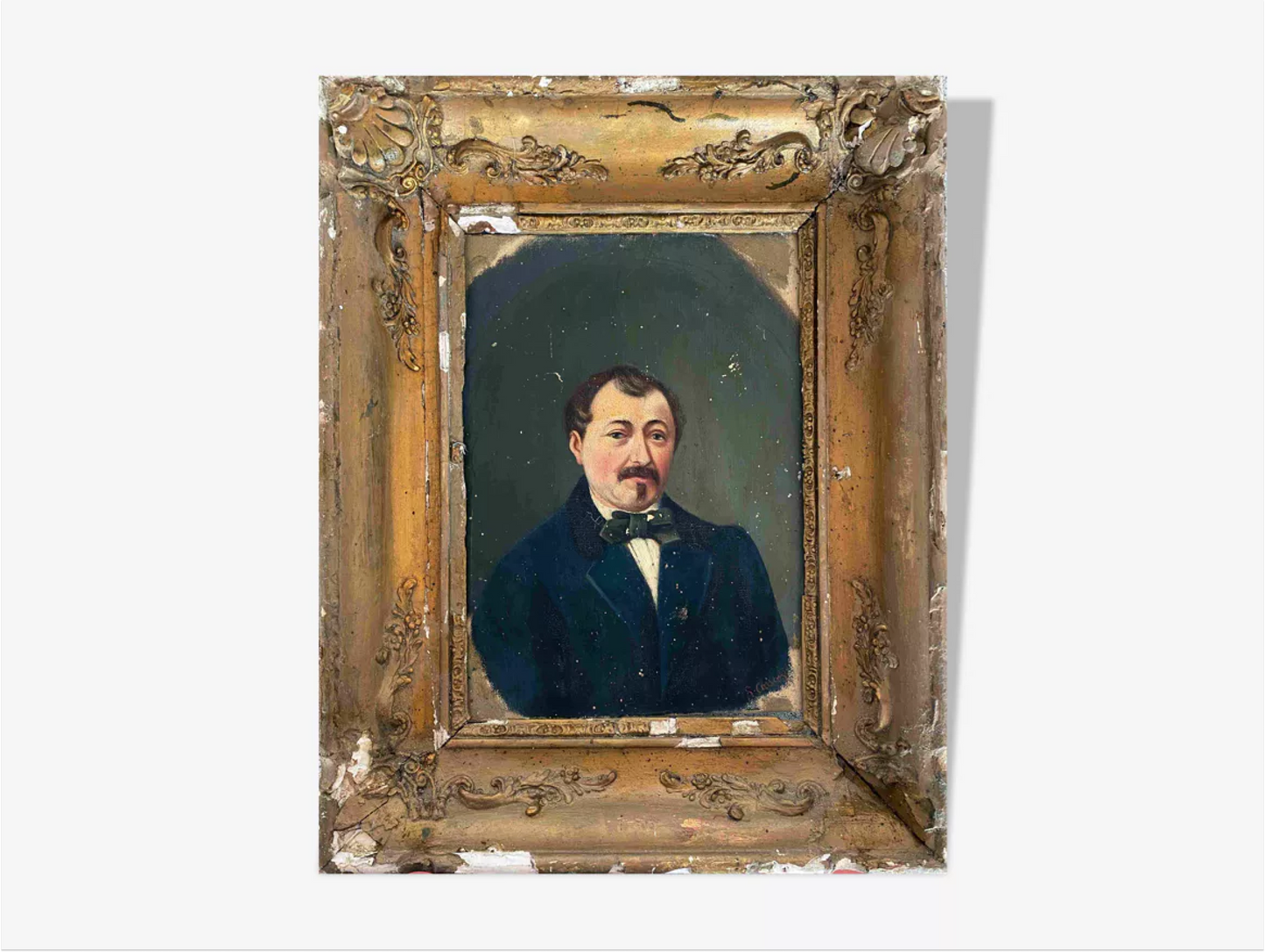 19th Century French Oil Portrait Man with Bow Tie
