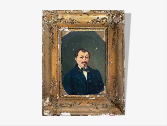 19th Century French Oil Portrait Man with Bow Tie