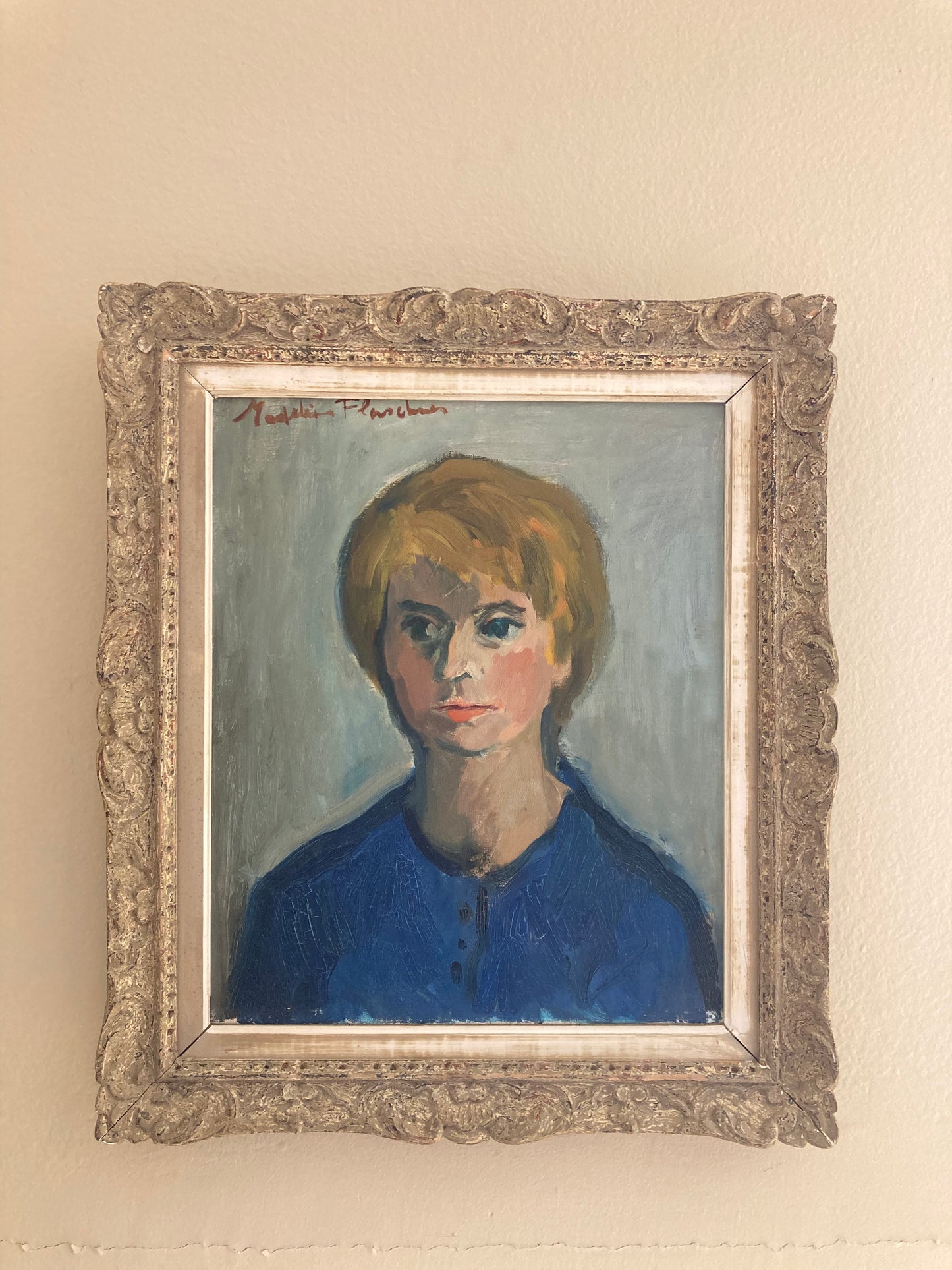 Mid-Century Modern French Oil Portrait in Blue