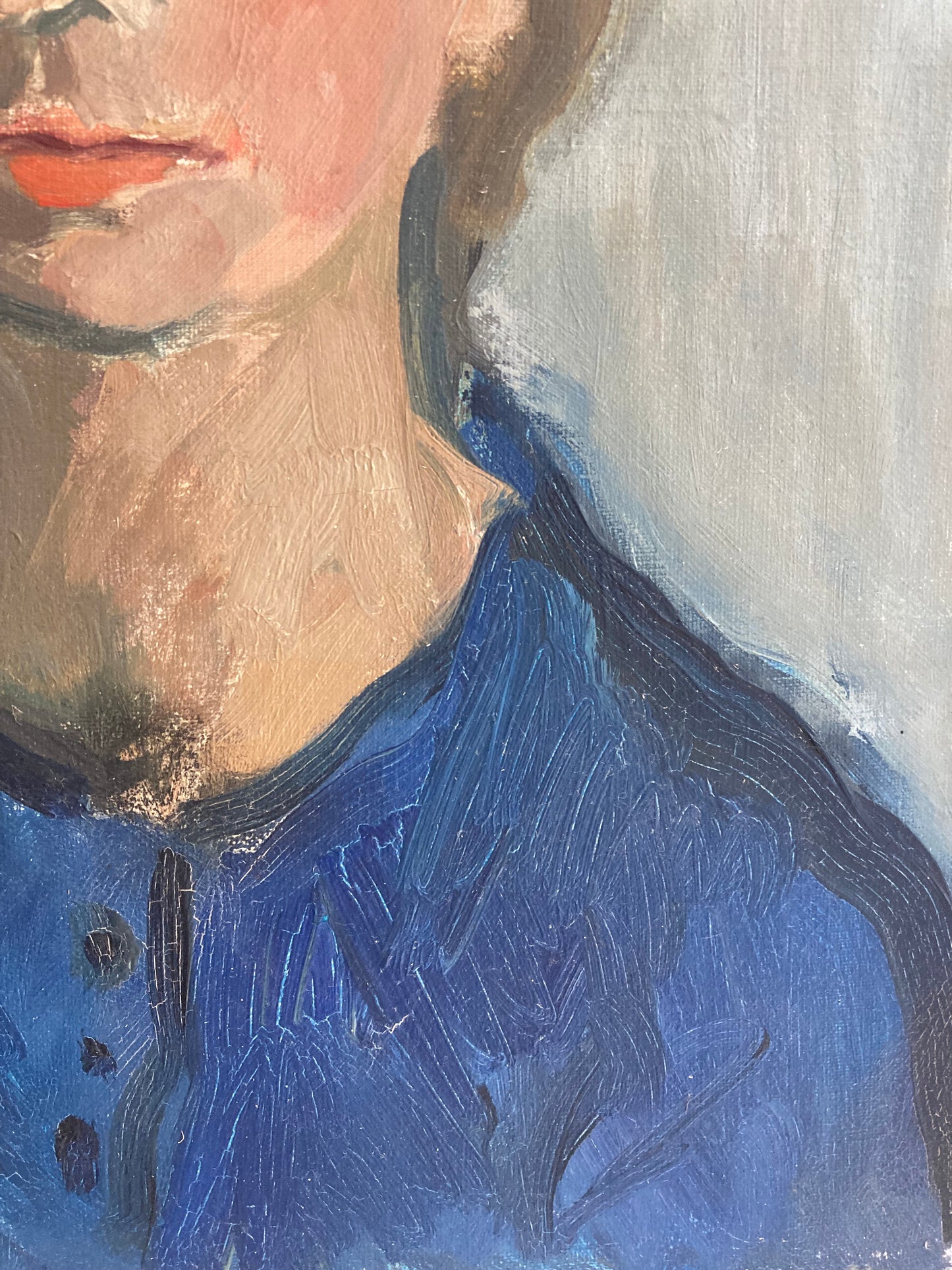 Mid-Century Modern French Oil Portrait in Blue