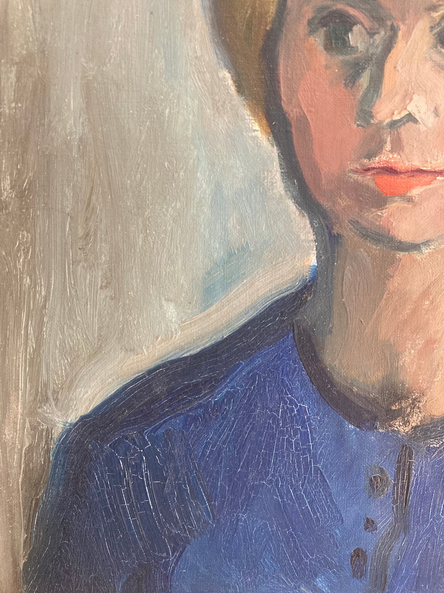 Mid-Century Modern French Oil Portrait in Blue