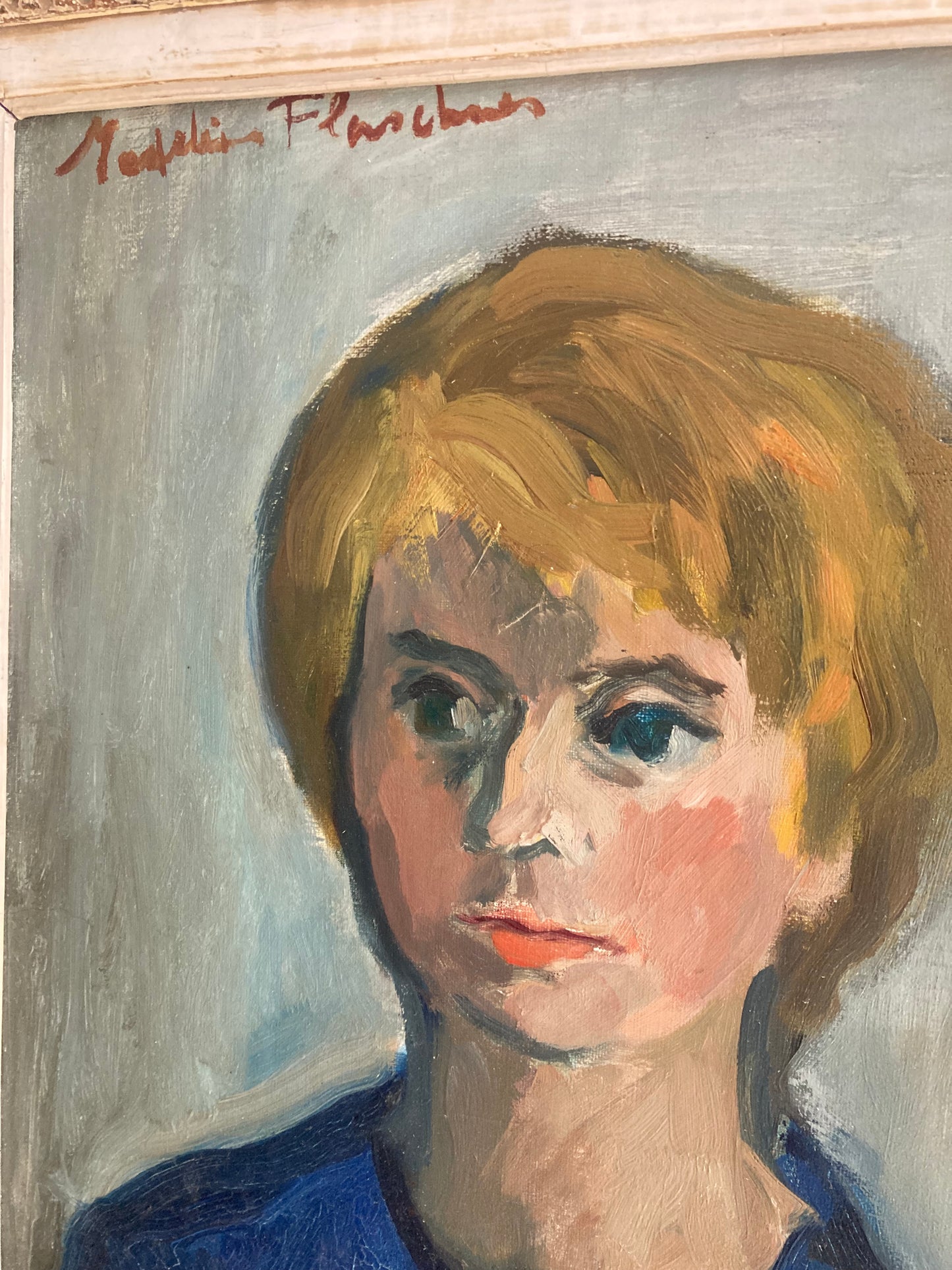 Mid-Century Modern French Oil Portrait in Blue