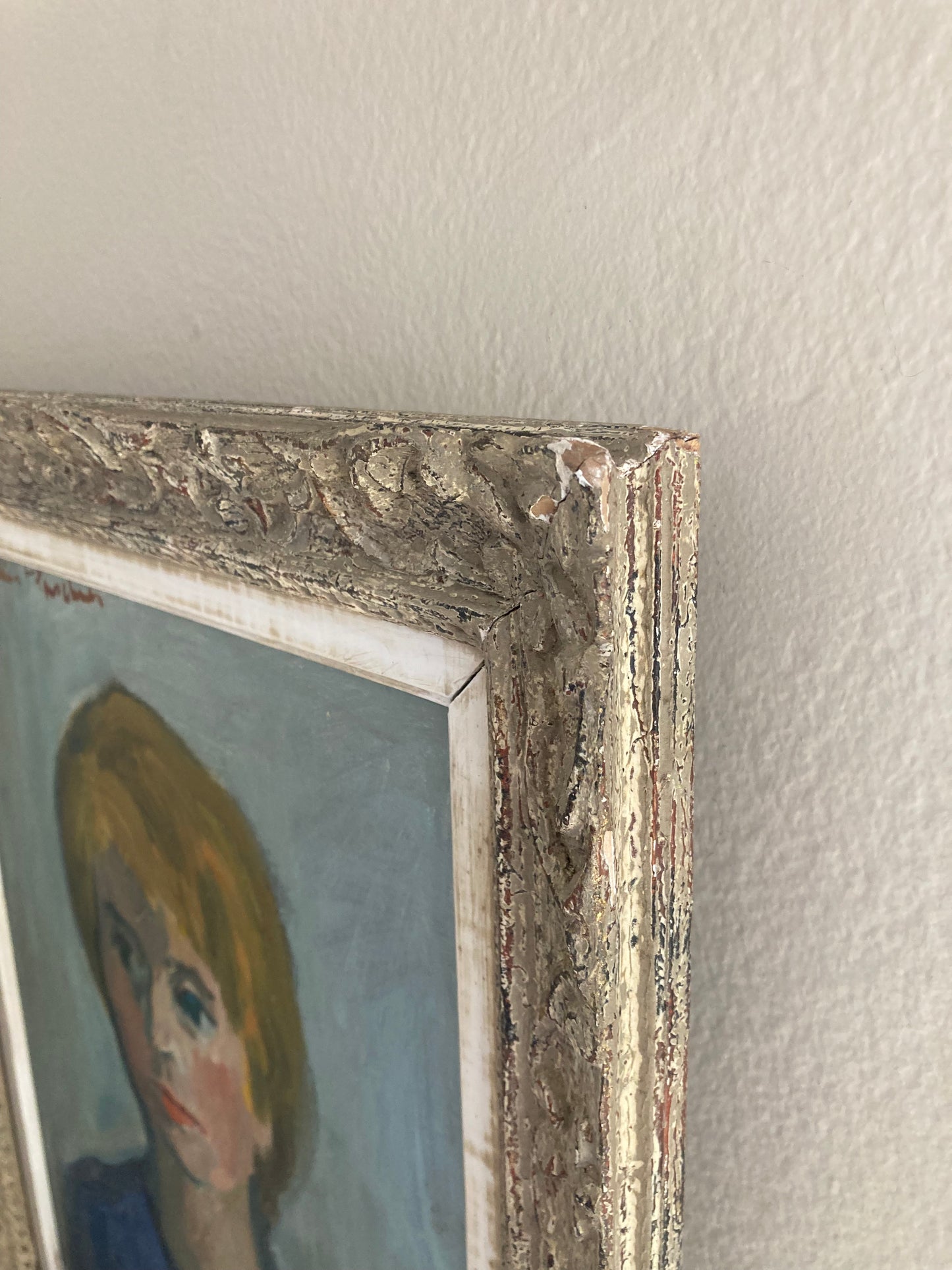 Mid-Century Modern French Oil Portrait in Blue