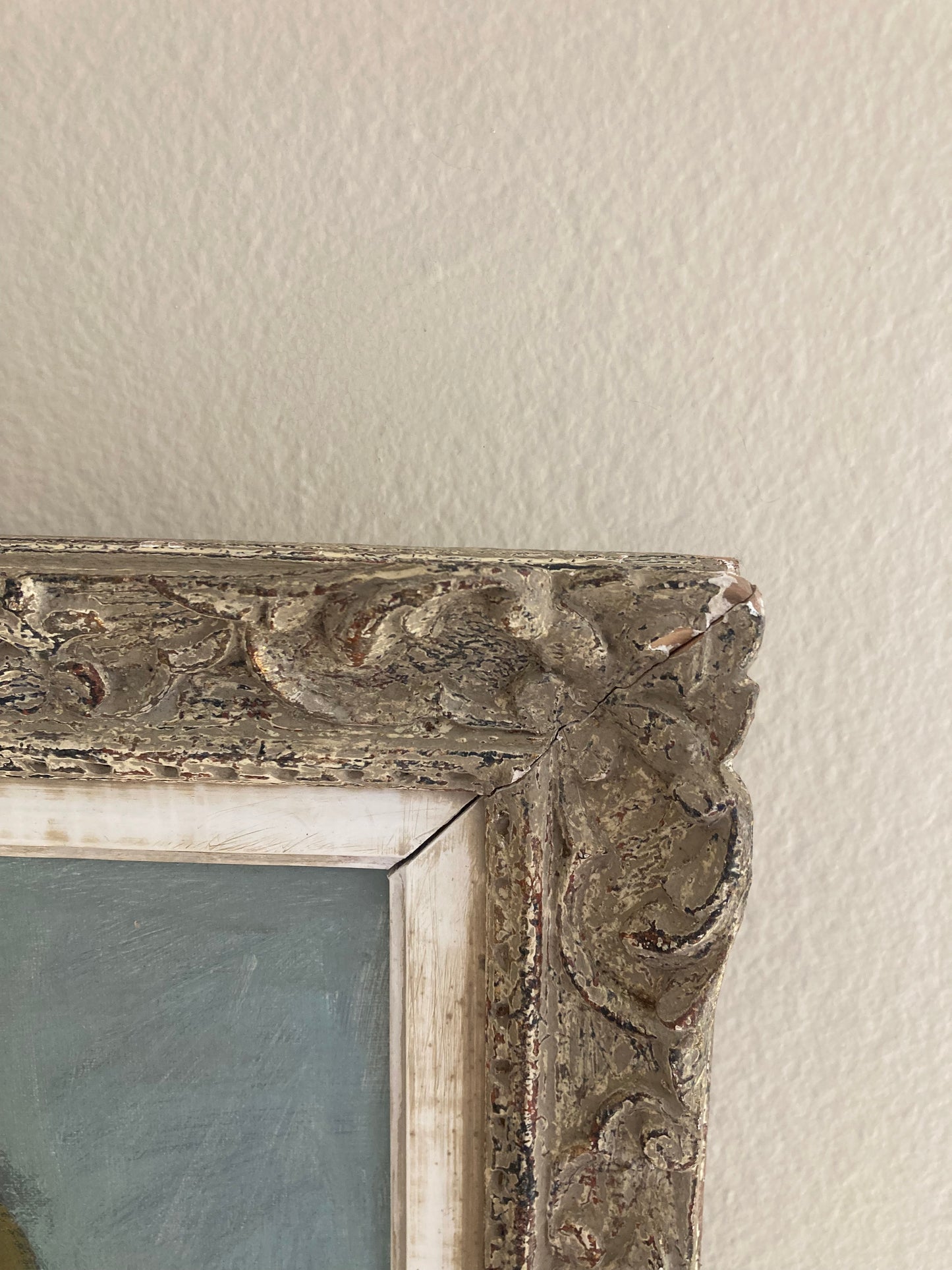 Mid-Century Modern French Oil Portrait in Blue