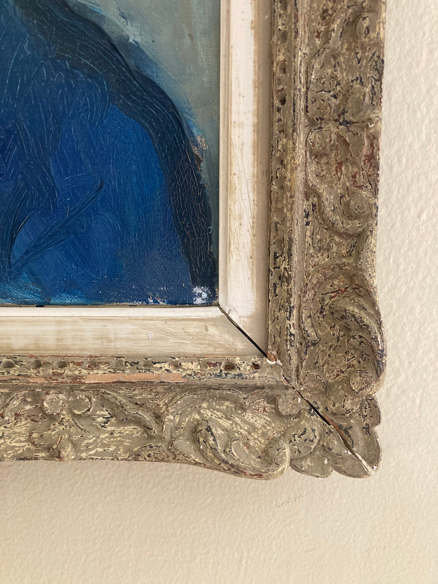 Mid-Century Modern French Oil Portrait in Blue