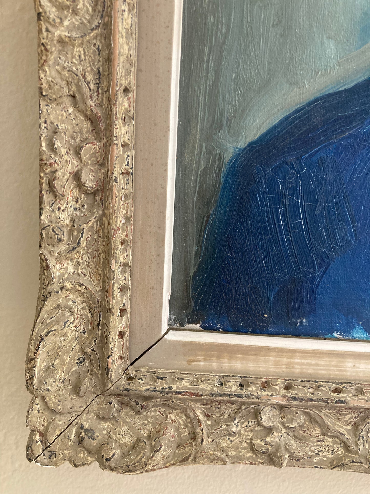 Mid-Century Modern French Oil Portrait in Blue