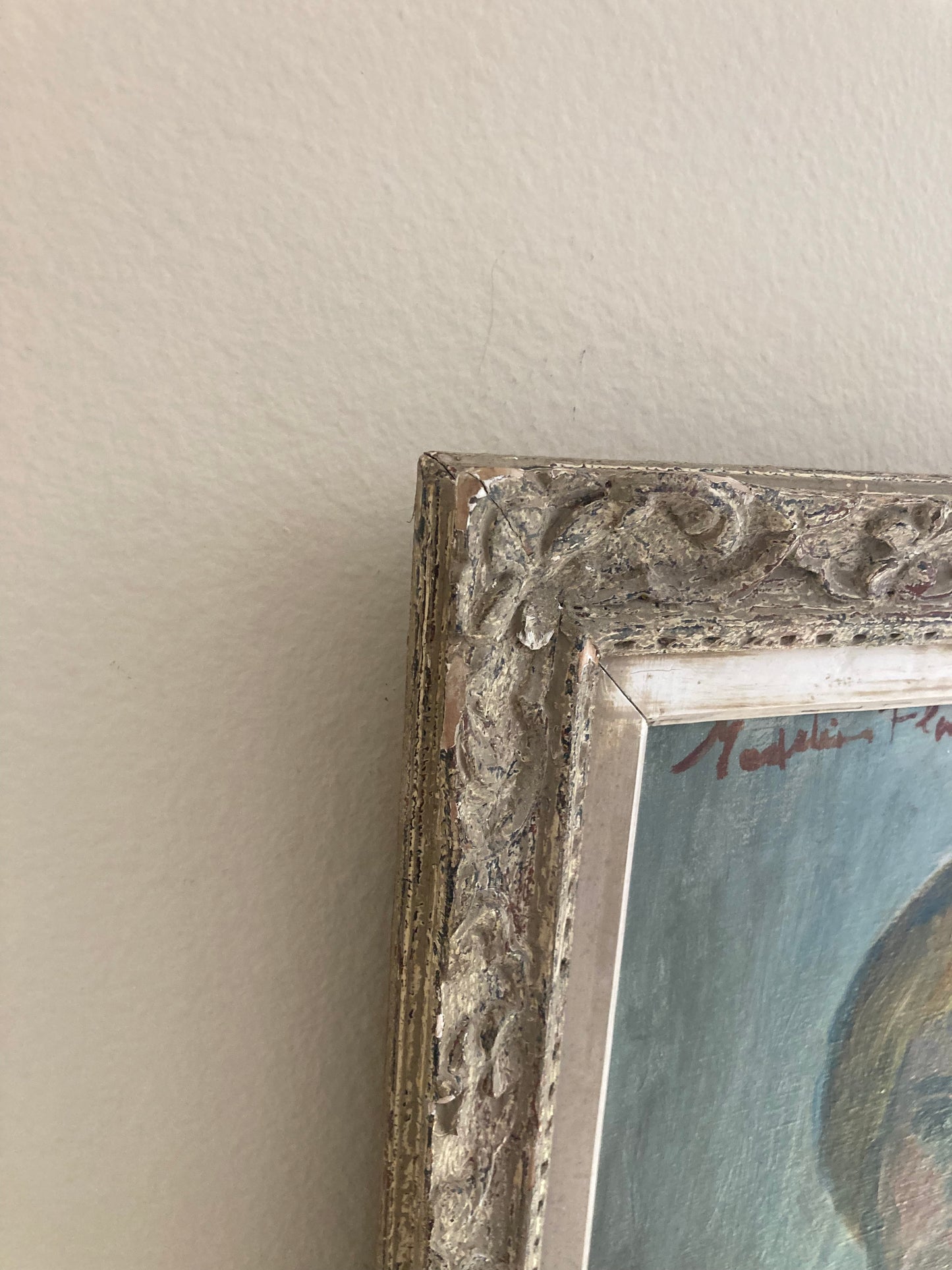 Mid-Century Modern French Oil Portrait in Blue