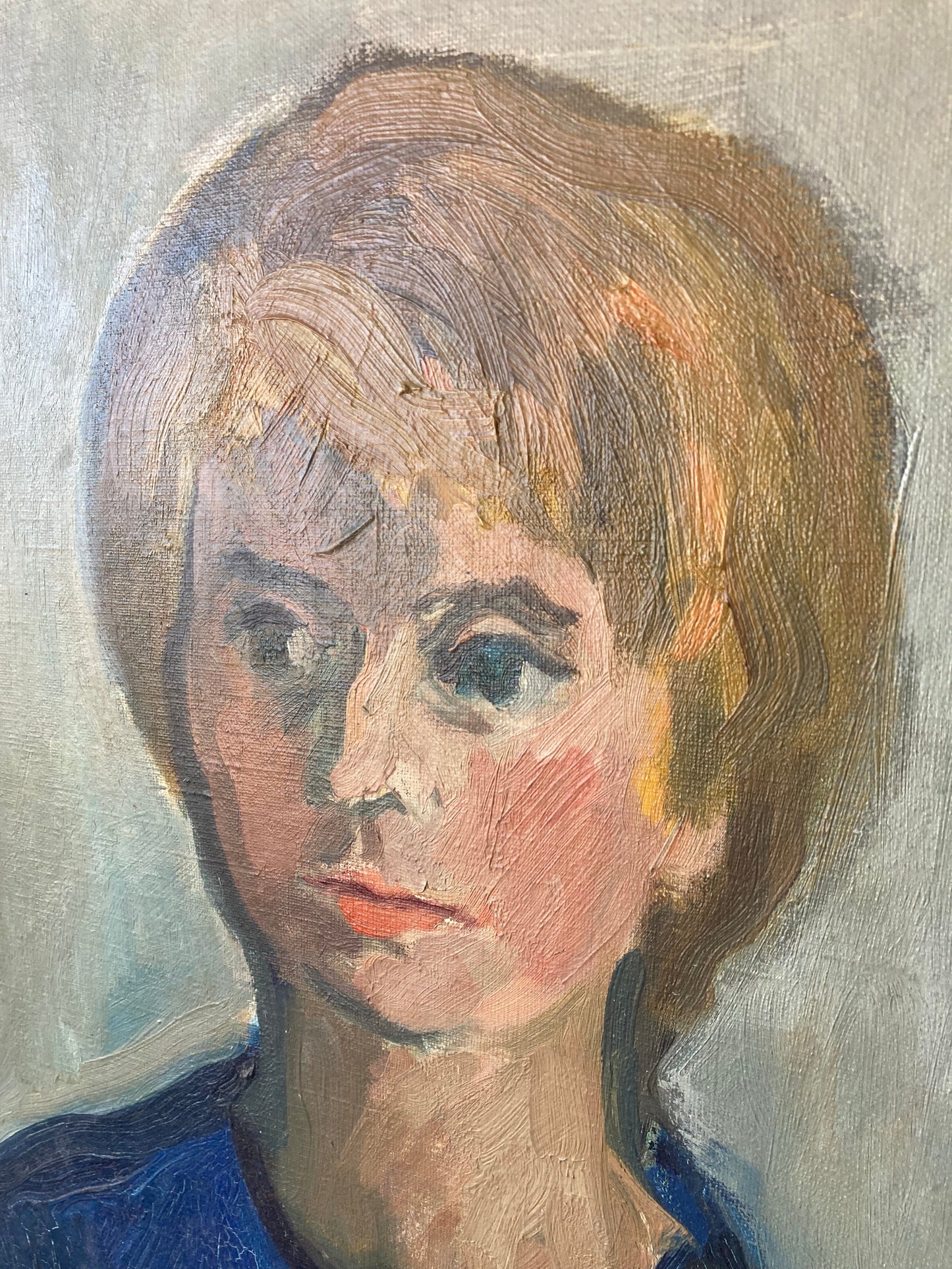 Mid-Century Modern French Oil Portrait in Blue