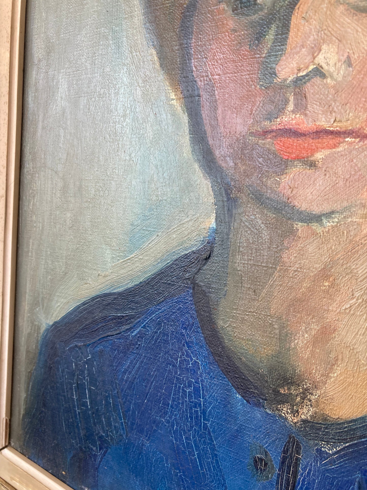 Mid-Century Modern French Oil Portrait in Blue