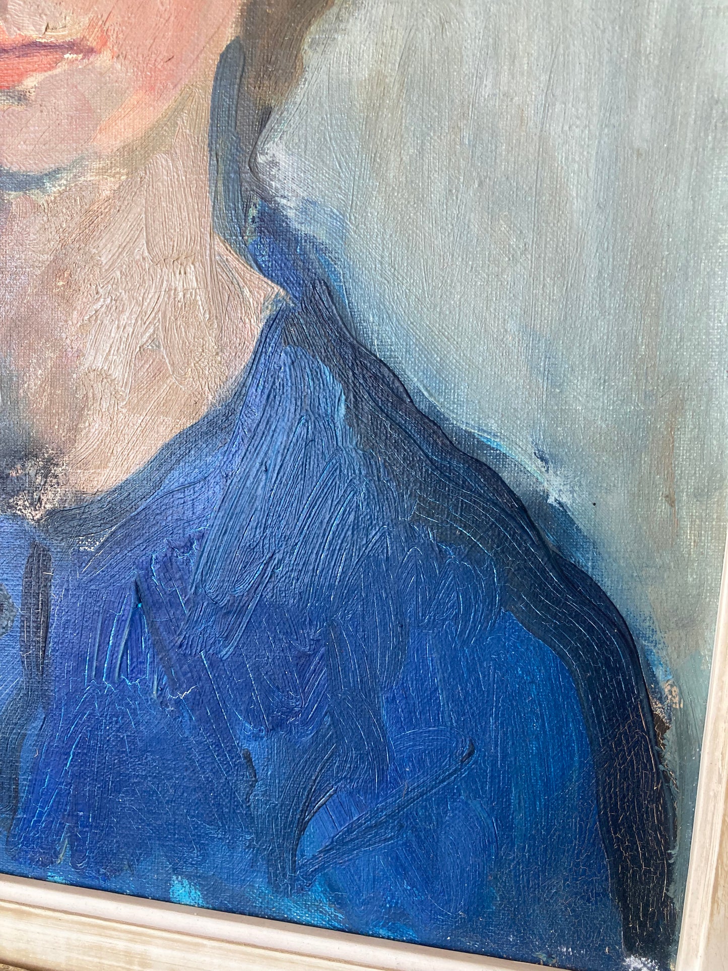Mid-Century Modern French Oil Portrait in Blue