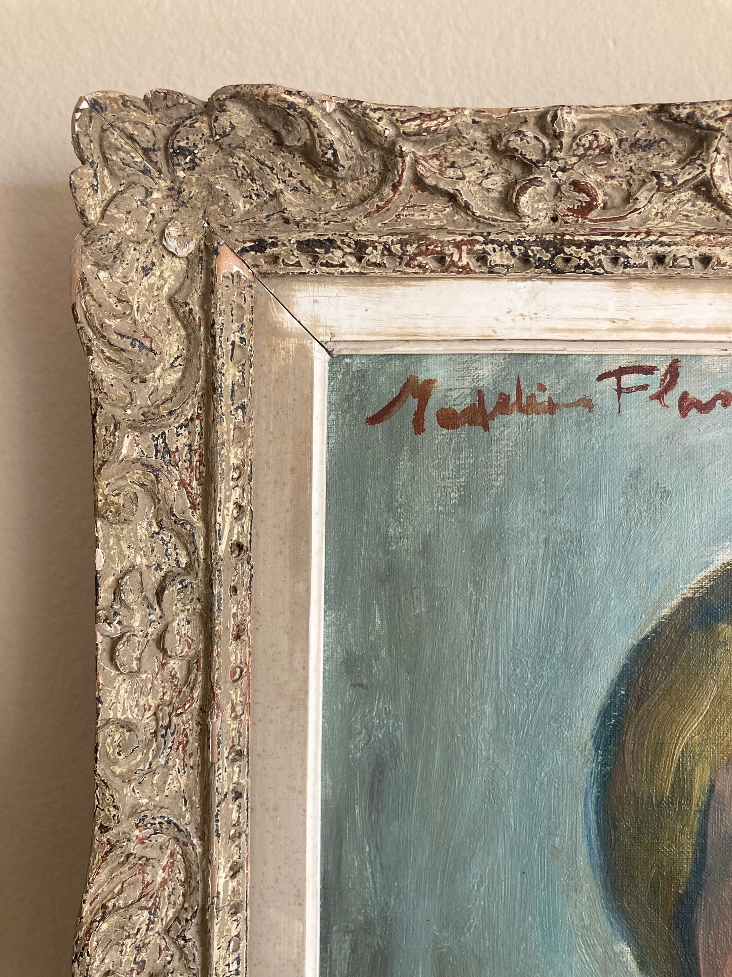 Mid-Century Modern French Oil Portrait in Blue