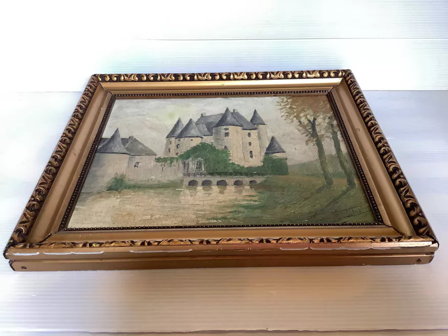 Original Oil French Château Scene with Dreamy Reflections (1934)