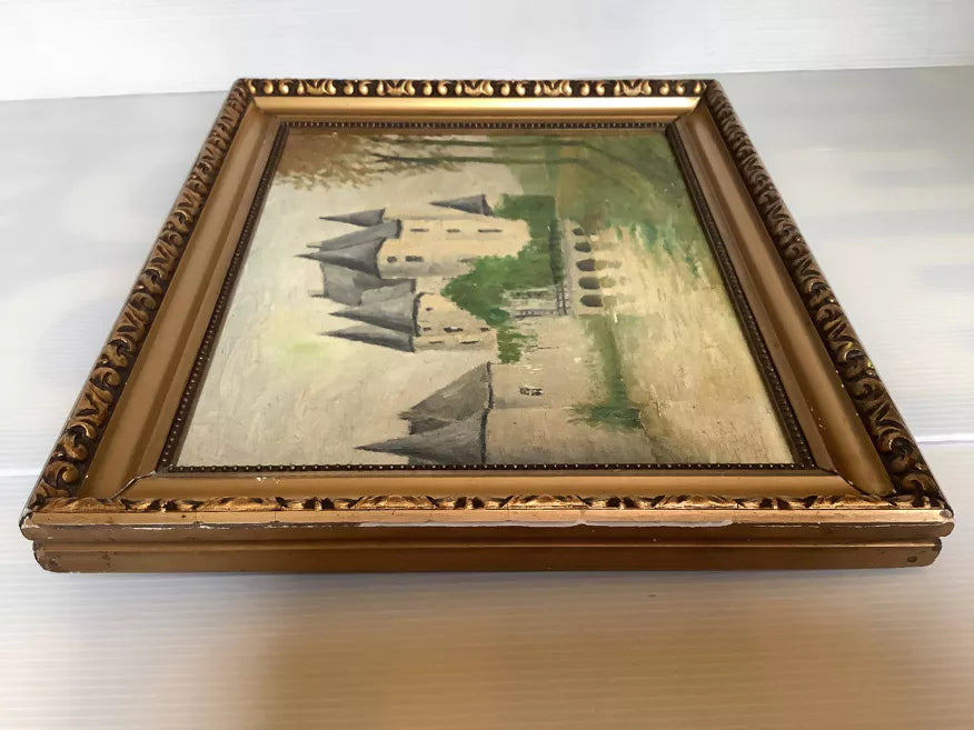 Original Oil French Château Scene with Dreamy Reflections (1934)