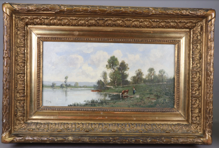 Antique 19th Century French Oil Landscape Painting Cow Drinking by the River Original Gilded Frame