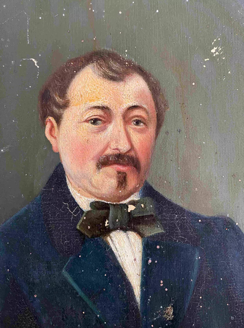 19th Century French Oil Portrait Man with Bow Tie